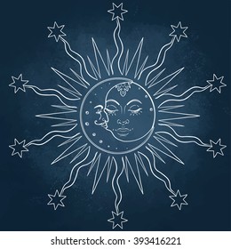 Sun and moon. Vector illustration in vintage engraving style. Tattoo design. Isolated vector illustration. Alchemy, astrology and magic. Hippie design elements over blackboard background