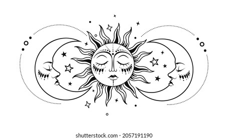 Sun and moon vector. Mystic and celestial design. Boho sun and crescent moons with a face. Design for tattoo, astrology, divination.