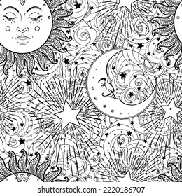 Sun and moon vector seamless pattern with stars. Vintage style. Wallpaper, wrapping paper or fabric design for children. Astronomy, astrology, magic. Coloring book for kids and adults.