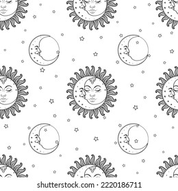 Sun and moon vector seamless pattern with stars. Vintage style. Wallpaper, wrapping paper or fabric design for children. Astronomy, astrology, magic. Coloring book for kids and adults.