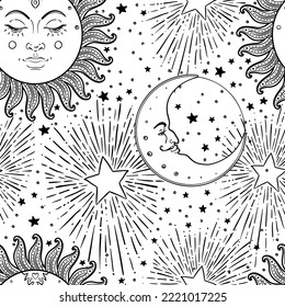 Patrón sin fisuras del vector solar y lunar con las estrellas. Estilo vintage. Papel de escritorio, papel de envoltura o diseño de tela para niños. Astronomía, astrología, magia. Libro de Colores para niños y adultos.