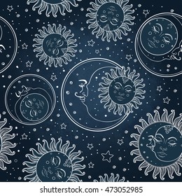 Sun and moon vector seamless pattern with stars. Vintage style. Wallpaper, wrapping paper or fabric design for children. Astronomy, astrology, magic. Engraving stylized hand drawn titled background.