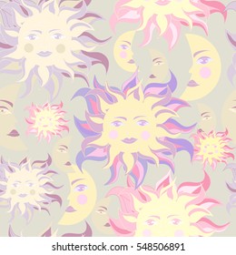 Sun and moon vector seamless pattern. Solar symbols with human faces in blue and pink colors.