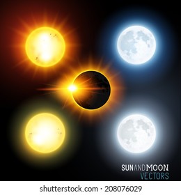 Sun and moon Vector Set. Various vector suns and moons including an eclipse. Vector illustration