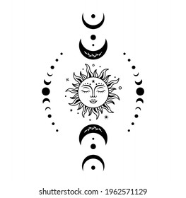 Sun moon vector silhouette design. Boho sun with face surrounded by crescent moon and moon phases. Vector monochrome illustration. Symbols of magic, mysticism and alchemy.