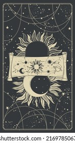 Sun and moon Vintage boho card on black background, mystical tarot background with universe device. Vector hand drawing, engraving design. Retro poster.