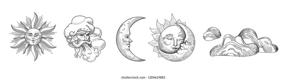 Sun and Moon Vintage Collection. Oriental Style Design with Stars and Celestial Astrological Symbols for Fabric, Wallpaper, Decoration. Vector illustration