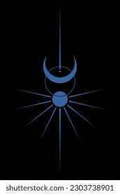Sun and moon vintage line art clipart. Wicca Outline logo tattoo. Mystical Sacred geometry, magic pagan Wiccan goddess and god symbols. Vector sign illustration isolated black background 