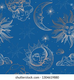 Sun and Moon Vintage Seamless Pattern. Oriental Style Background with Stars and Celestial Astrological Symbols for Fabric, Wallpaper, Decoration. Vector illustration