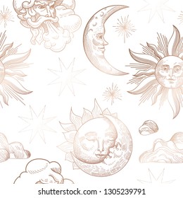 Sun and Moon Vintage Seamless Pattern. Oriental Style Background with Stars and Celestial Astrological Symbols for Fabric, Wallpaper, Decoration. Vector illustration