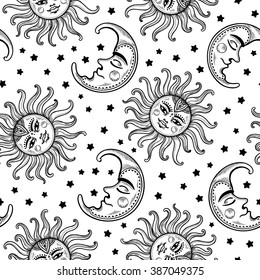 Sun and moon vintage vector seamless pattern with stars