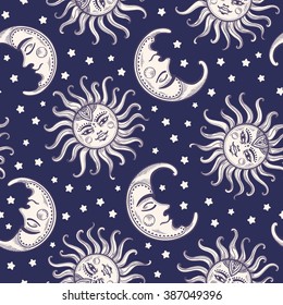 Sun And Moon Vintage Vector Seamless Pattern With Stars