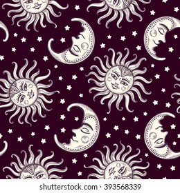 Sun and moon vintage vector seamless pattern with stars