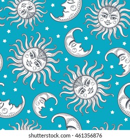 Sun and moon vintage vector seamless pattern with stars