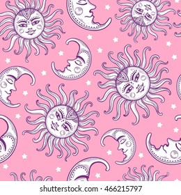 Sun and moon vintage vector seamless pattern with stars