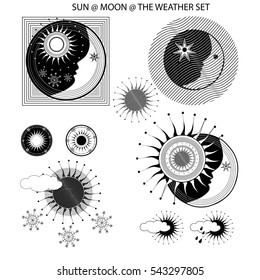 Sun and moon and the weather black and white set.