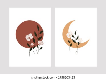Sun and Moon with wild flowers vector illustration print set. Boho wall art print decor, printable wall art