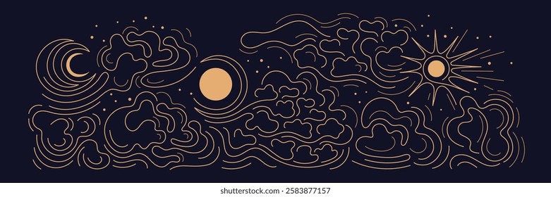 Sun, moon, wind and cumulus clouds. Change of phases of moon at night. Graphic weather forecast. Vector line vintage backdrop. Abstract aesthetic nature print. Editable contour