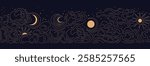 Sun, moon, wind and line clouds. Vector seamless pattern. Change of phases of moon at night. Vector vintage dark backdrop. Abstract aesthetic nature print