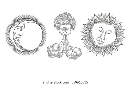 Sun, Moon, Wind vector