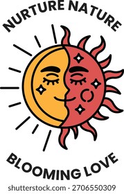 Sonne und Mond mit den Worten, die die Natur nähren, blühende Liebe. Die Sonne und der Mond lächeln und die Sonne scheint hell