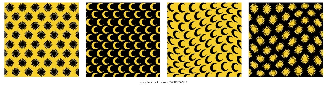Sun and Moon with yellow and black background, vector pattern