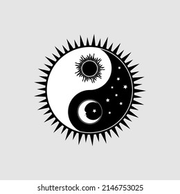 Sun and moon yin yang symbol drawing vector art on a white background. Spiritual, day and night, meaning, meditation, intellect, life and death, good and evil, human, nature, hope, balance, dream.