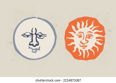 Sun and moon zodiac signs. Astrology illustrations in medieval engraving style with gothic lettering. Ink dim colored emblem perfect for vintage premium identity, horoscope posters, luxury packaging.