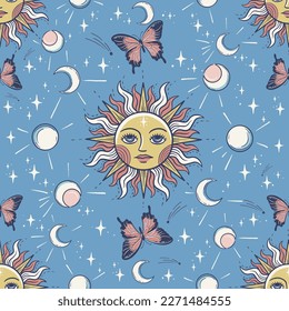 Sun, moons and butterflies, seamless pattern with vector hand drawn art