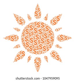 Sun mosaic of american dollars. Vector dollar symbols are united into sun composition.