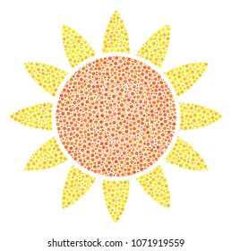 Sun mosaic of dots in different sizes and color hues. Circle dots are organized into sun vector collage. Dotted vector design concept.