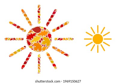 Sun mosaic icon constructed for fall season. Vector sun mosaic is designed of randomized autumn maple and oak leaves. Mosaic autumn leaves in bright gold, brown and red colors.