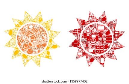 Sun mosaic icons combined for bigdata illustrations. Vector sun mosaics are combined from computer, calculator, connections, wi-fi, network icons into abstract compositions. Usual and red colors.