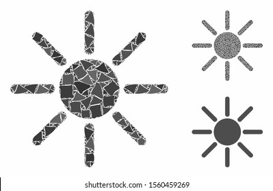 Sun mosaic of rough items in various sizes and color hues, based on sun icon. Vector unequal items are composed into collage. Sun icons collage with dotted pattern.