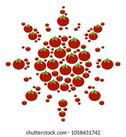 Sun mosaic of tomato vegetables in different sizes. Vector tomato elements are united into sun pattern. Vegan vector illustration.