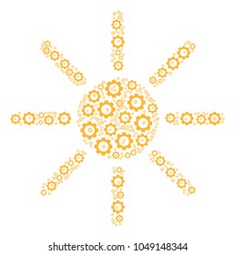 Sun mosaic of tooth gears. Vector gear components are united into sun illustration.