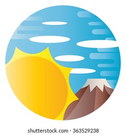 sun mountain cloud landscape circle cartoon vector