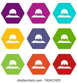 Sun and mountain icon set many color hexahedron isolated on white vector illustration
