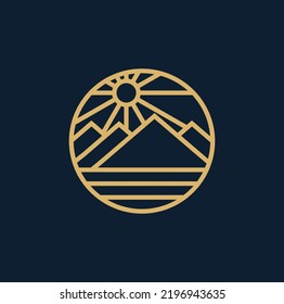 Sun and Mountain icon. Simple outline logo design. Vector Illustration.