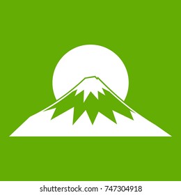 Sun and mountain icon white isolated on green background. Vector illustration