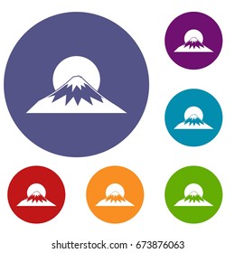 Sun and mountain icons set in flat circle reb, blue and green color for web