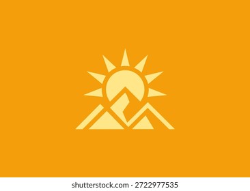 Um logotipo de arte da linha do sol e da montanha com linhas geométricas simples, simbolizando estabilidade, esperança, força, natureza e realização