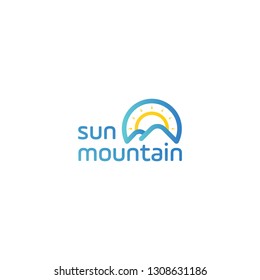 Sun Mountain Logo Sunny Day Mounatin in Circle isolated in White background vector 