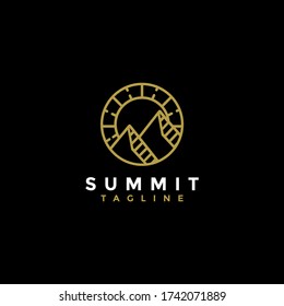Sun and mountain peak, summit scenery logo icon vector template on black background