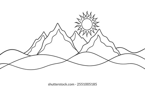 Sun and mountain range landscape continuous line art isolated on white background.