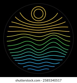 Sun mountain and sea blend gradient color lines composition. Neon sign of the sunshine, rocks range and water lines. Vector illustration on a black background. Editable stroke.