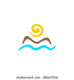 Sun with mountain silhouette and sea waves abstract logo template