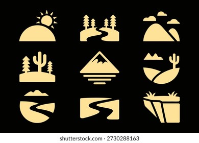Sun mountain trees desert road cliff vector