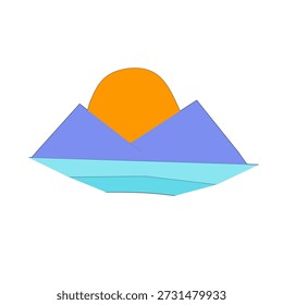 Sun, mountain, water, drawing on white paper.