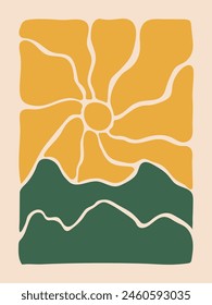 The sun and the mountains in aesthetic curves, 70s bohemian style vector illustration for prints. Aesthetic contemporary groovy design for wall prints or other purposes.